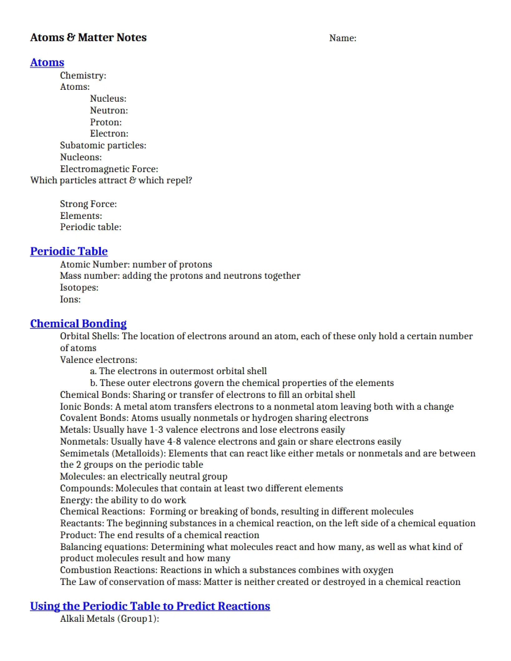 Notes on Matter and Atoms
