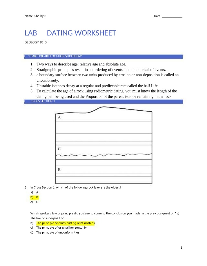 Worksheet on Relative and Absolute Age in Geology Dating