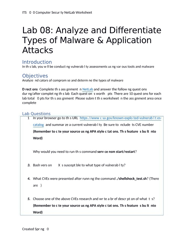 Malware Types and Application Attacks - NetLab Worksheet