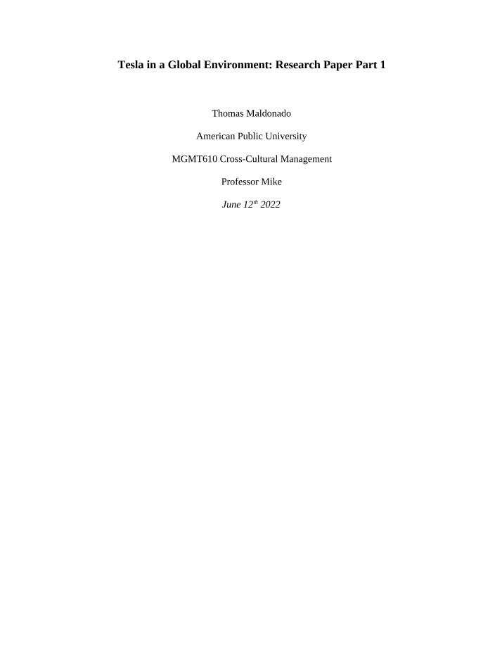 Part 1 Research Paper - Tesla in a Global Environment