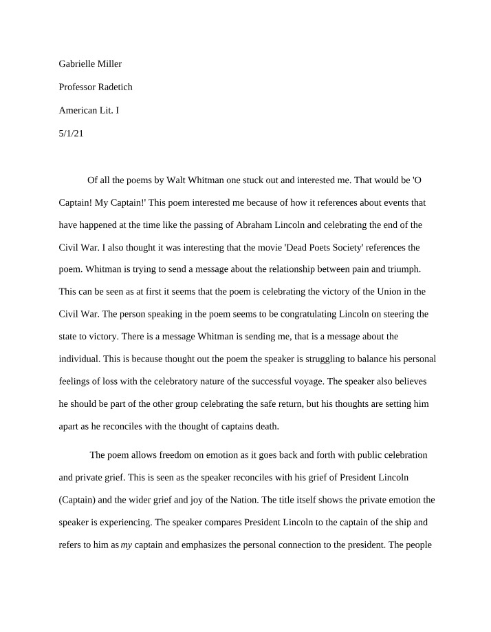 Walt Whitman's O Captain! My Captain! - An Analysis