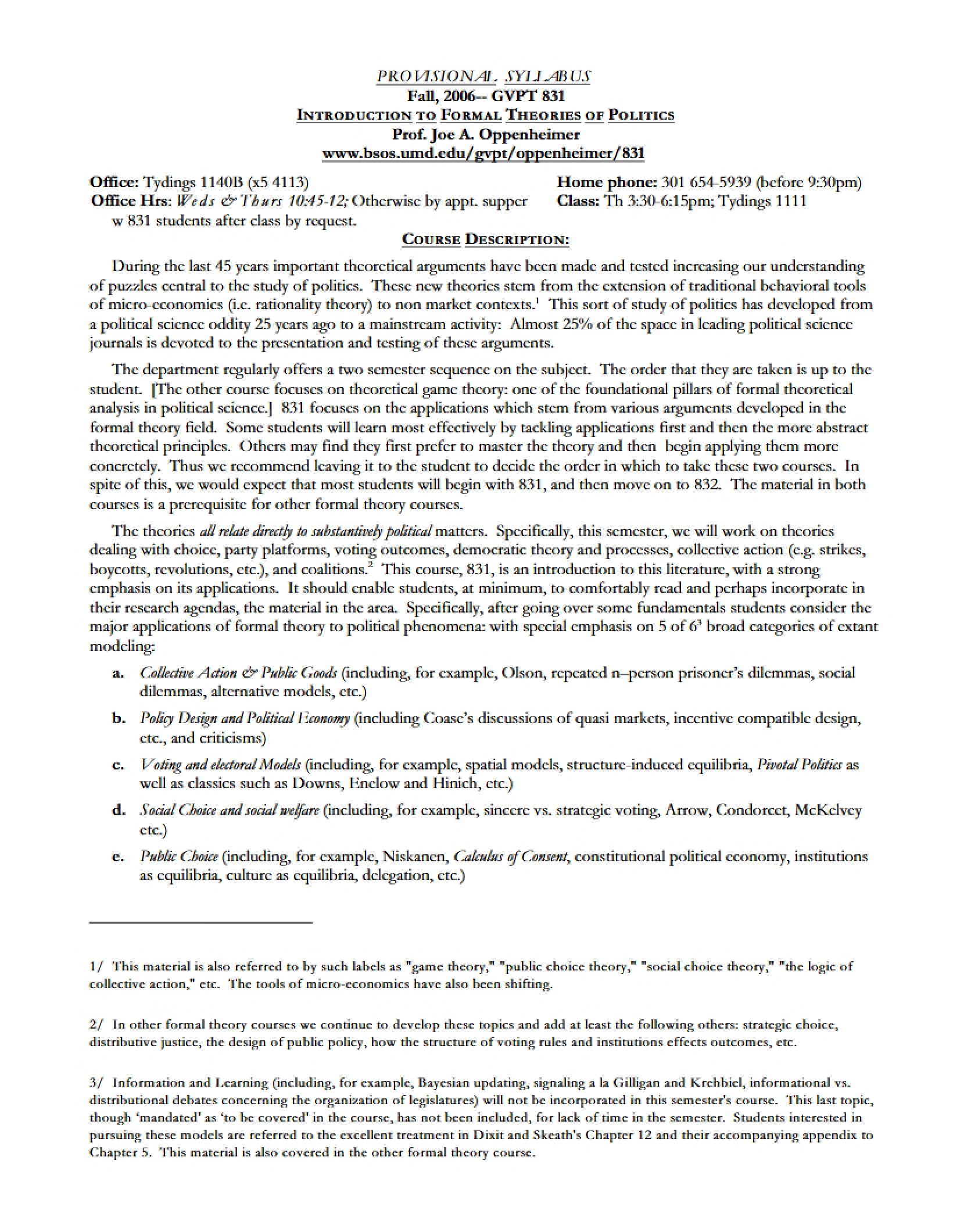 Formal Theories of Politics Syllabus