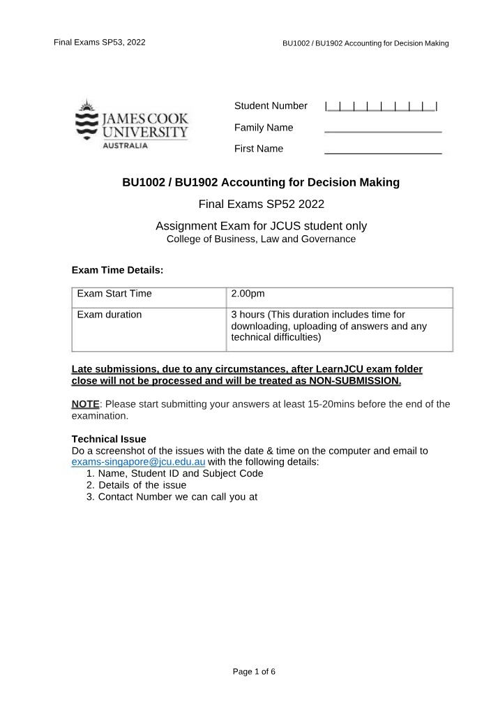 Accounting for Decision Making Final Exams