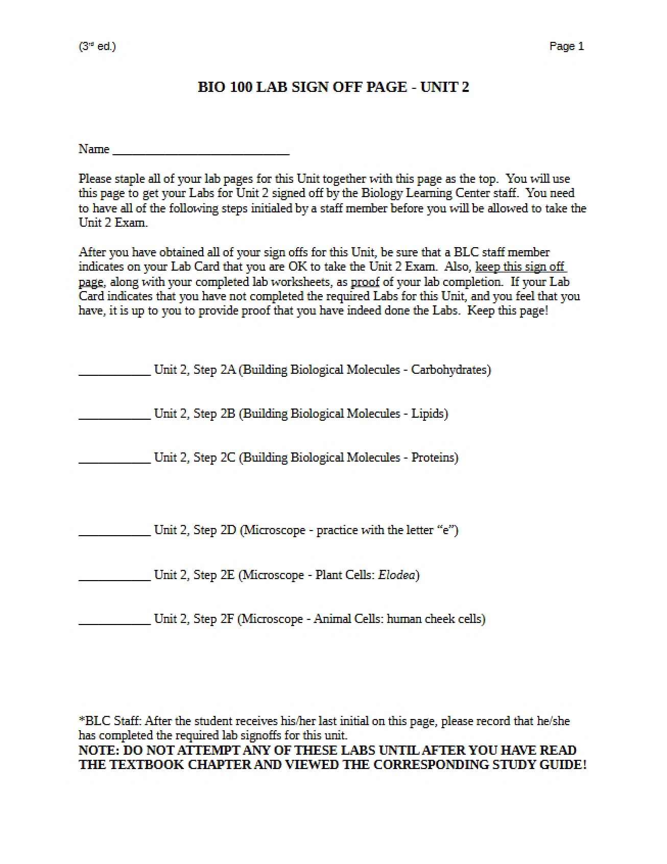 Second Lab Sign-Off Page for Unit 2 of a Biology Concepts Course