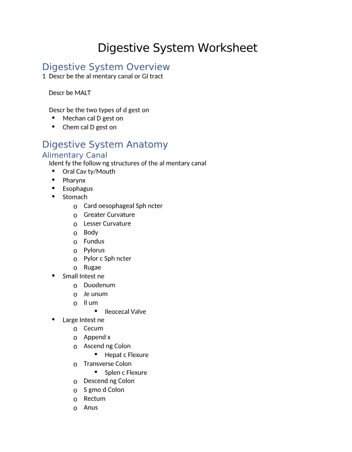 Worksheet on the Digestive System