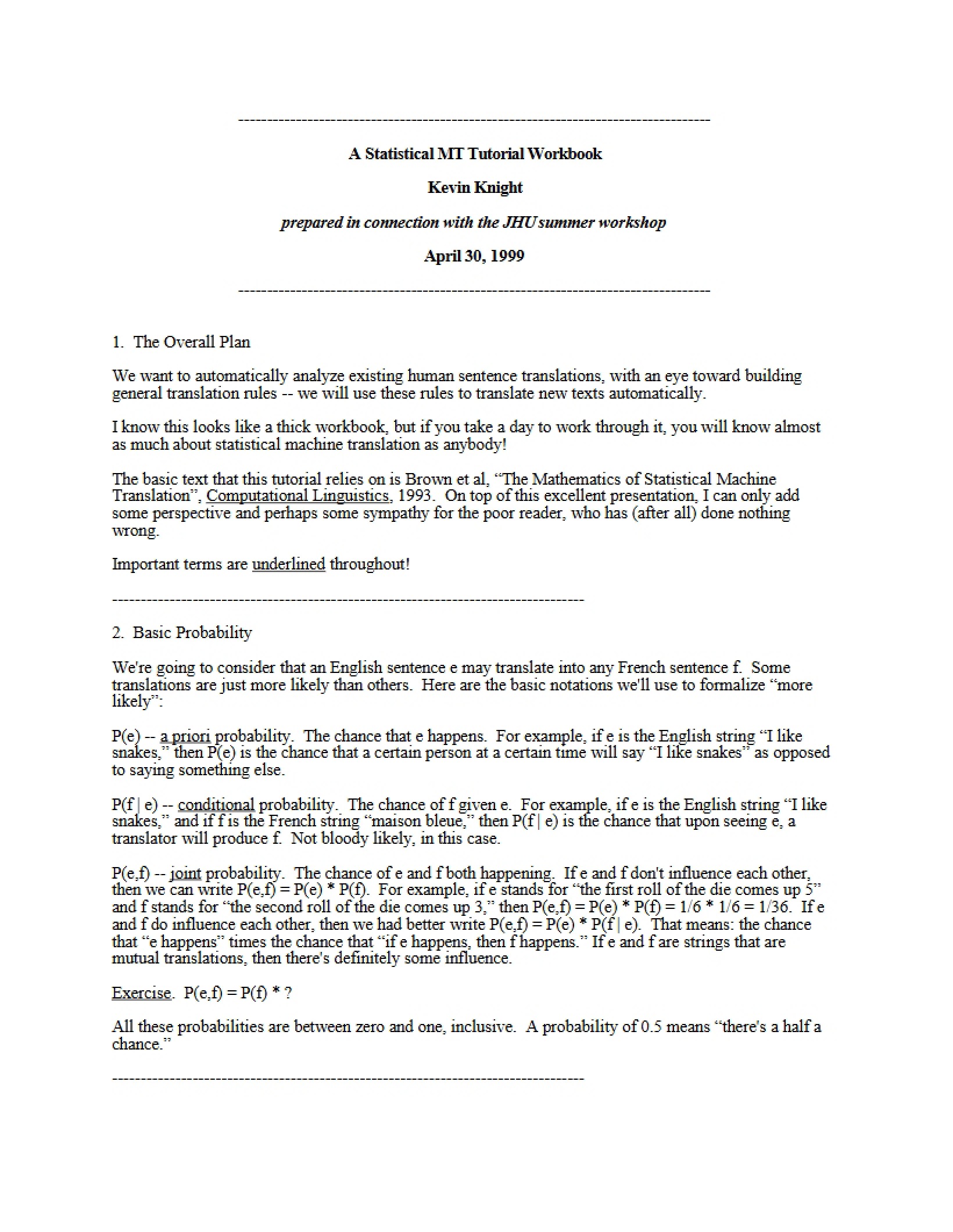 Workbook for Statistical MT Tutorial