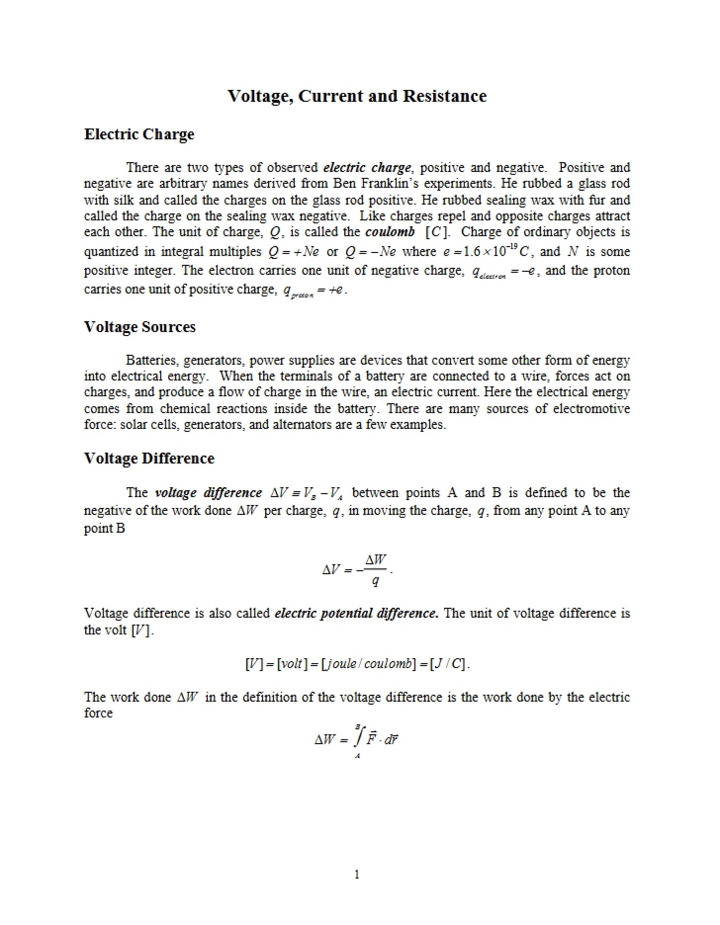 Resistance, Current, and Voltage
