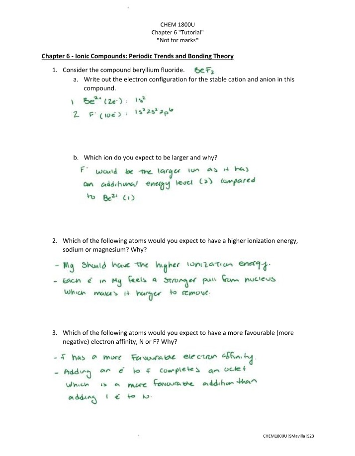 CHEM 1800U Tutorial - Ionic Compounds, Trends, and Bonding Theory