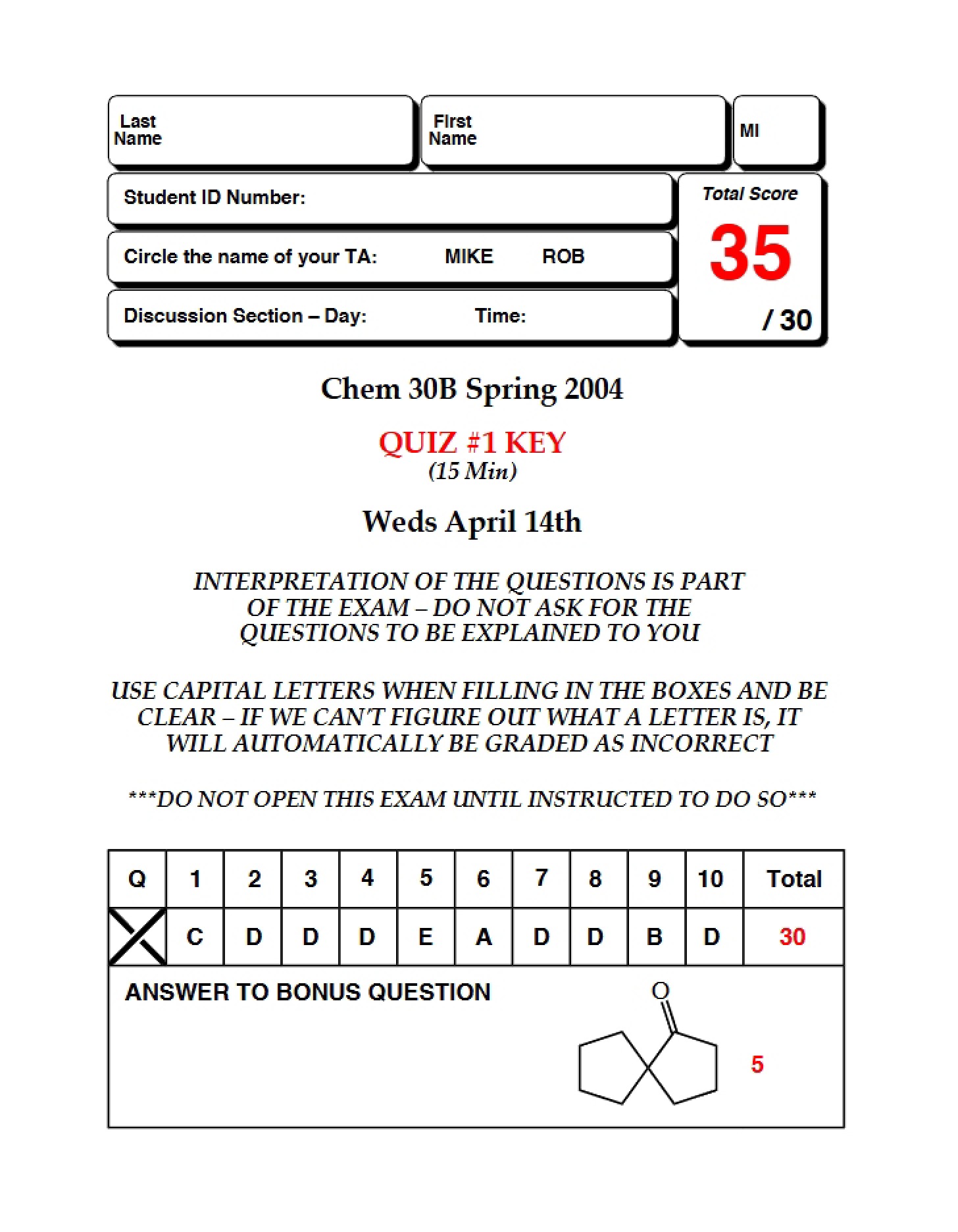 Key to Quiz One
