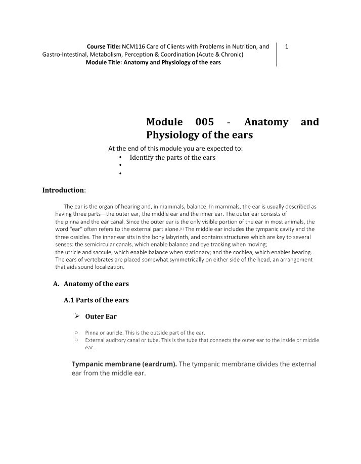 Anatomy and Physiology - The Ears