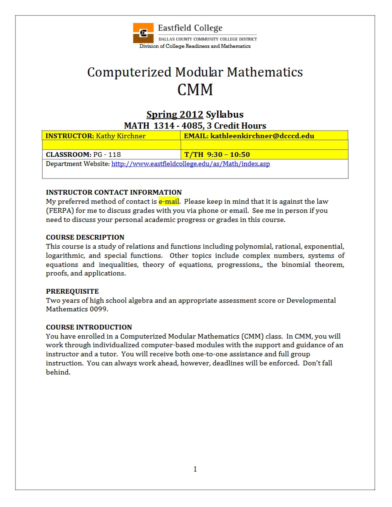 College Algebra Course Syllabus - MATH 1314