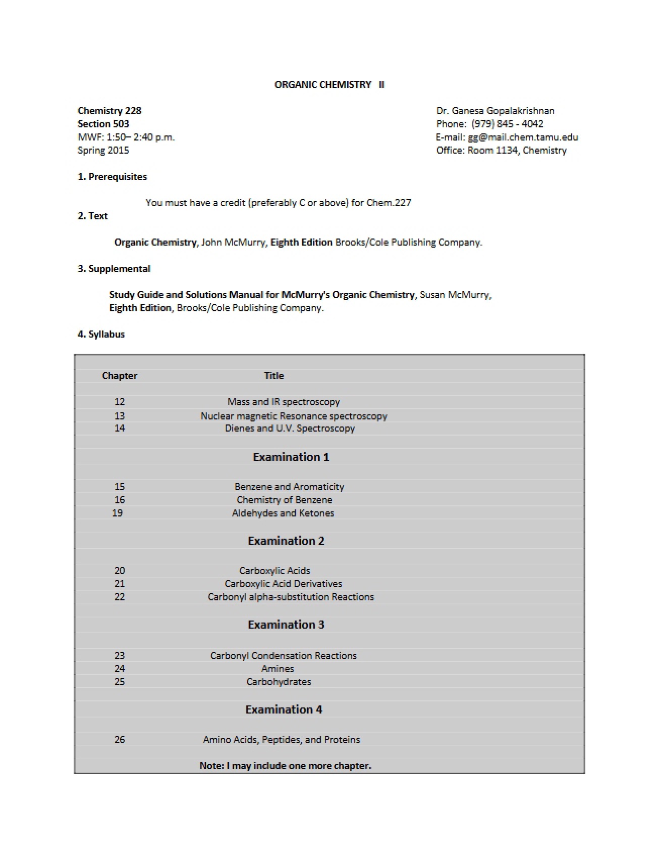Syllabus for Organic Chemistry II