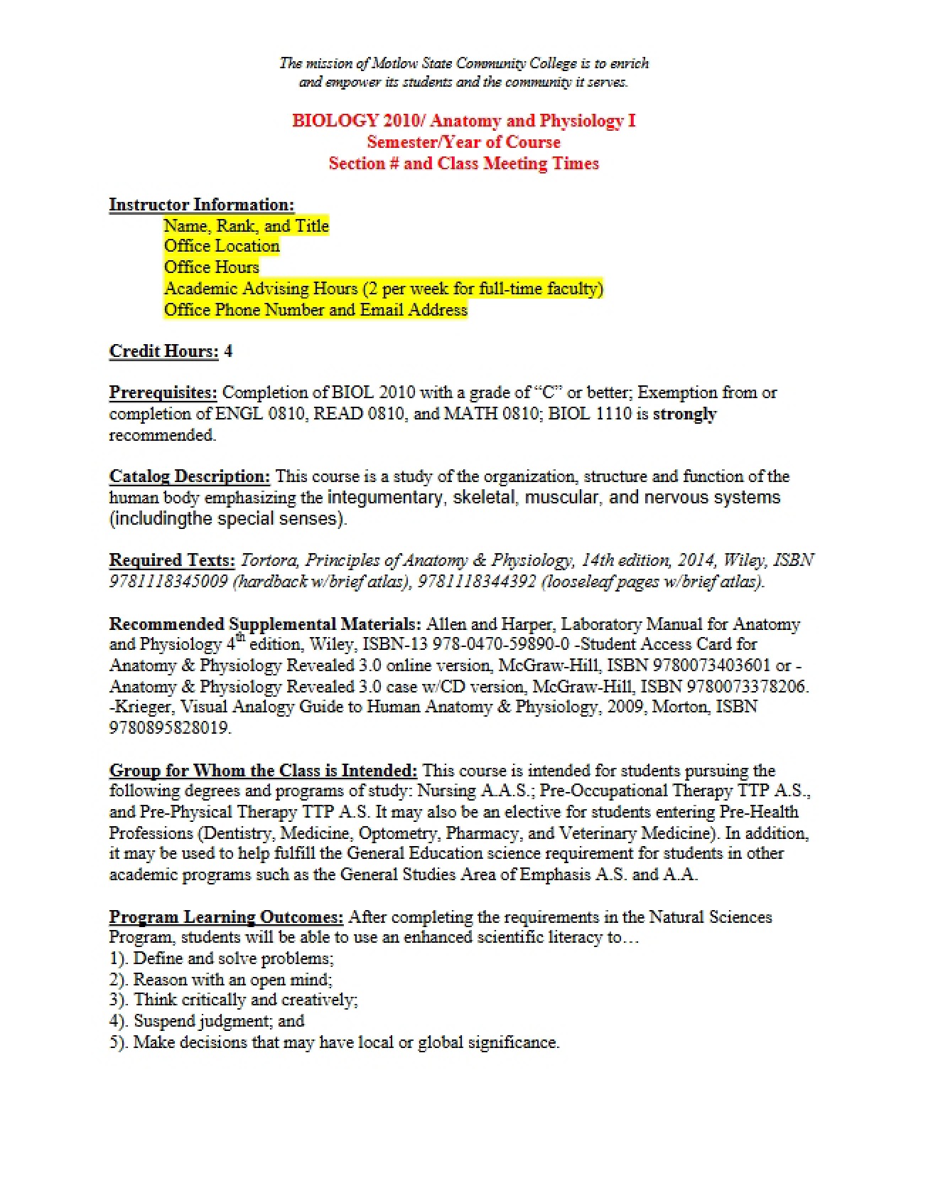 Course Outline for Anatomy and Physiology