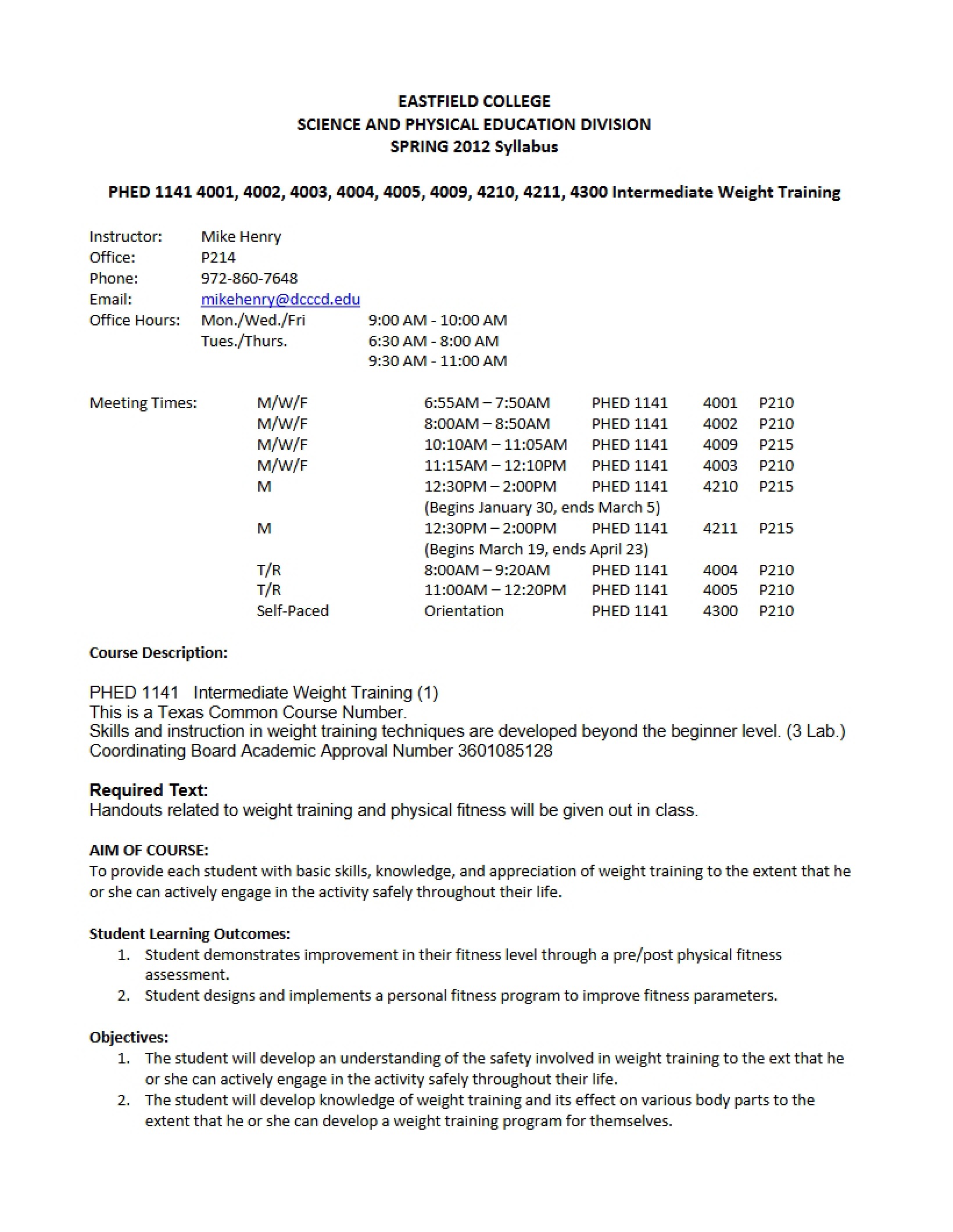 Syllabus for Intermediate Weight Training