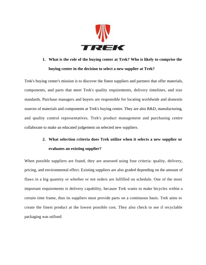 Supplier Selection and Buying Center Analysis - Trek