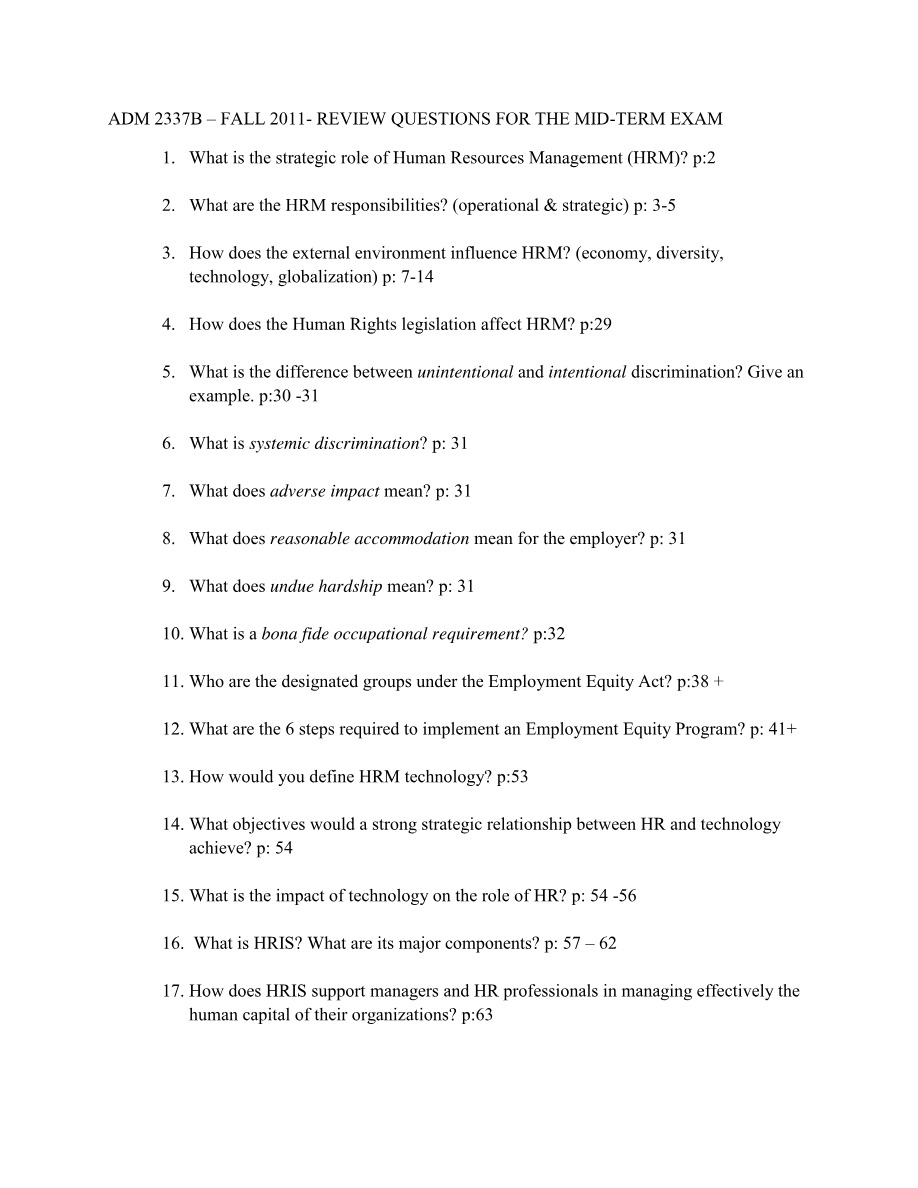 Fall 2011 Midterm Exam Review Questions - ADM 2337