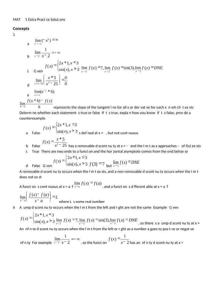 MAT 271 Unit 1 Extra Practice Answer Key