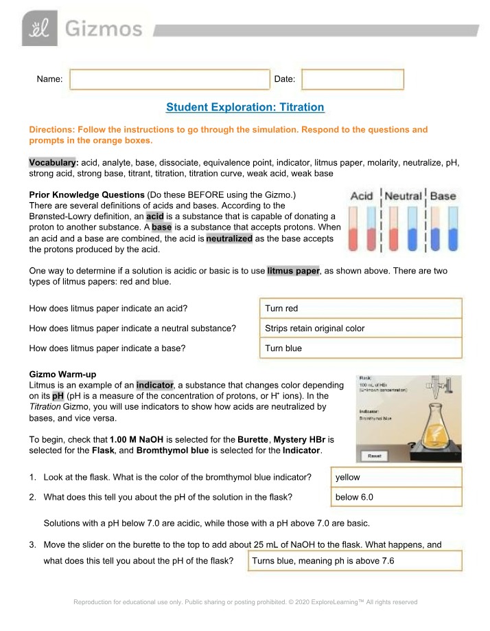 Titration Acids and Bases Student Exploration