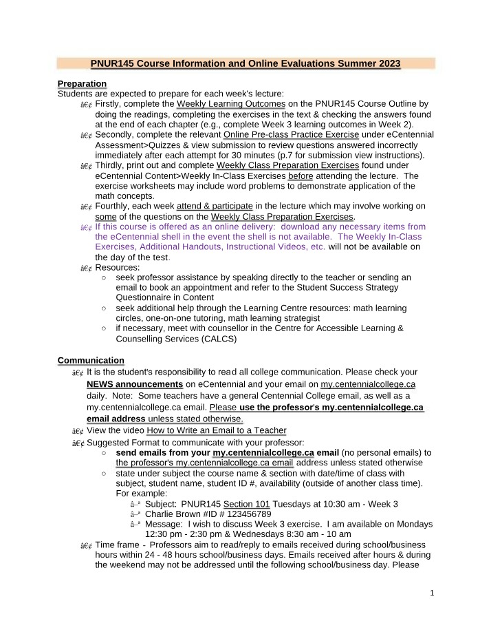Course Information and Online Evaluations for PNUR145 Summer 2023