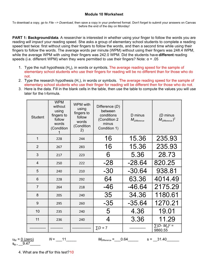 Worksheet for Module 10