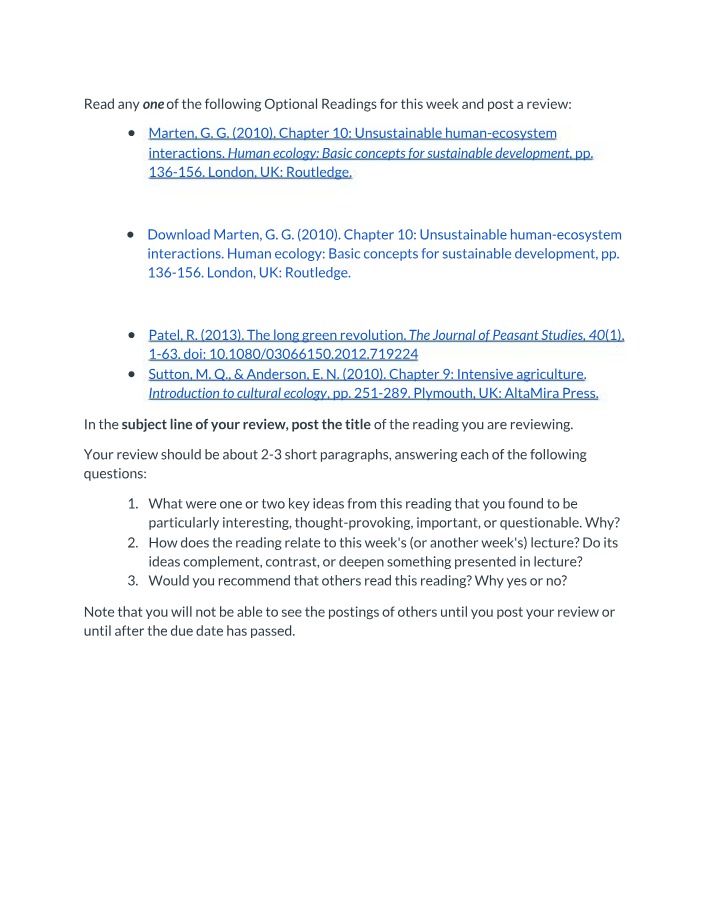 Unsustainable Human-Ecosystem Interactions - Review Assignment