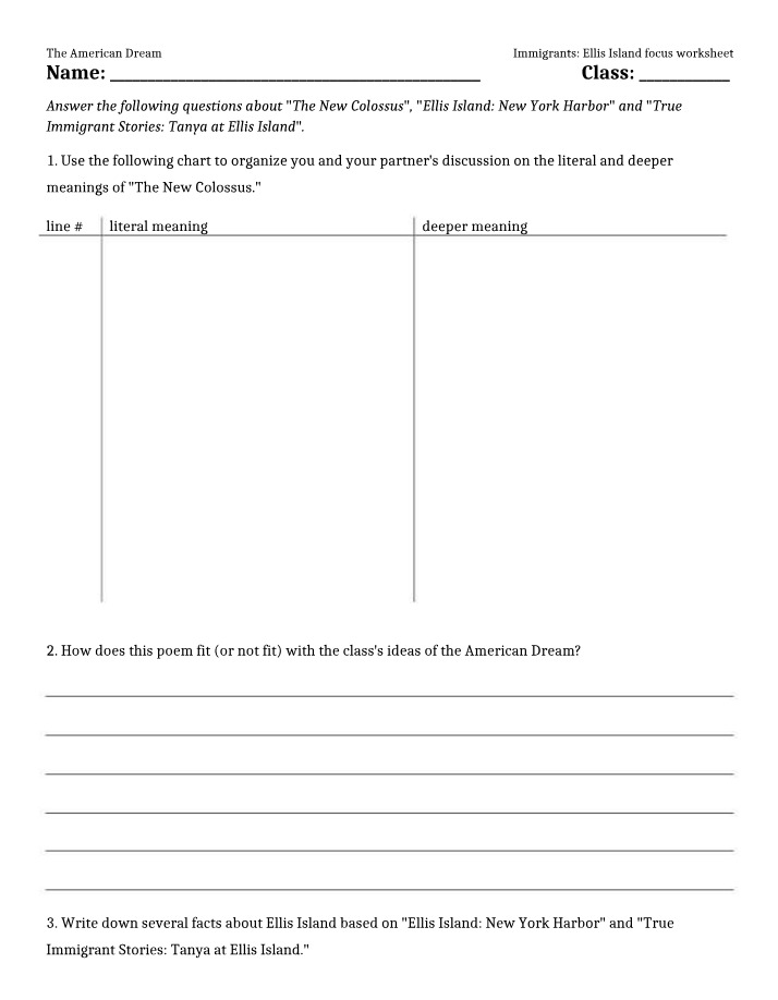 Worksheet on the American Dream, Immigrants, and Ellis Island