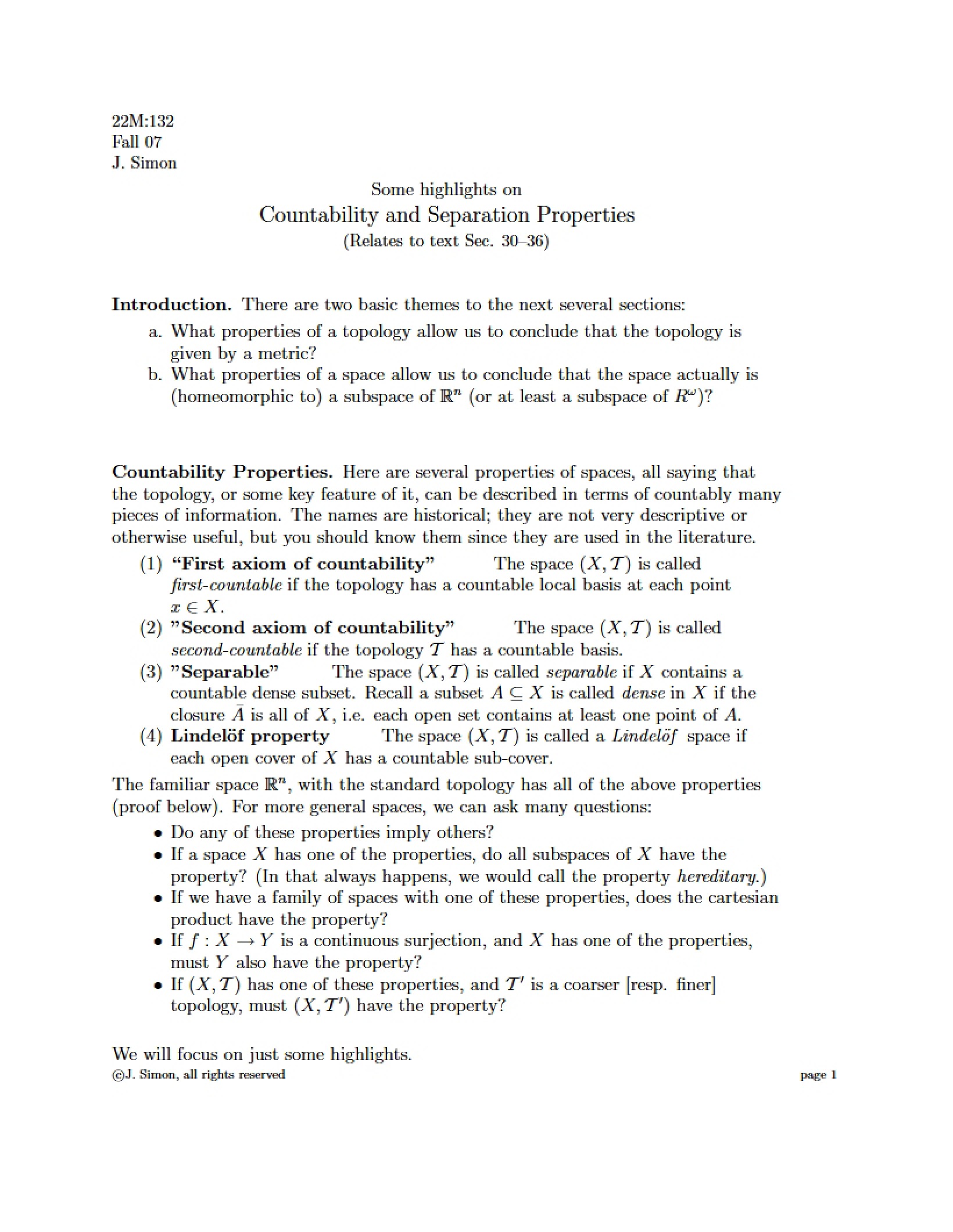 Separation and Countability Properties