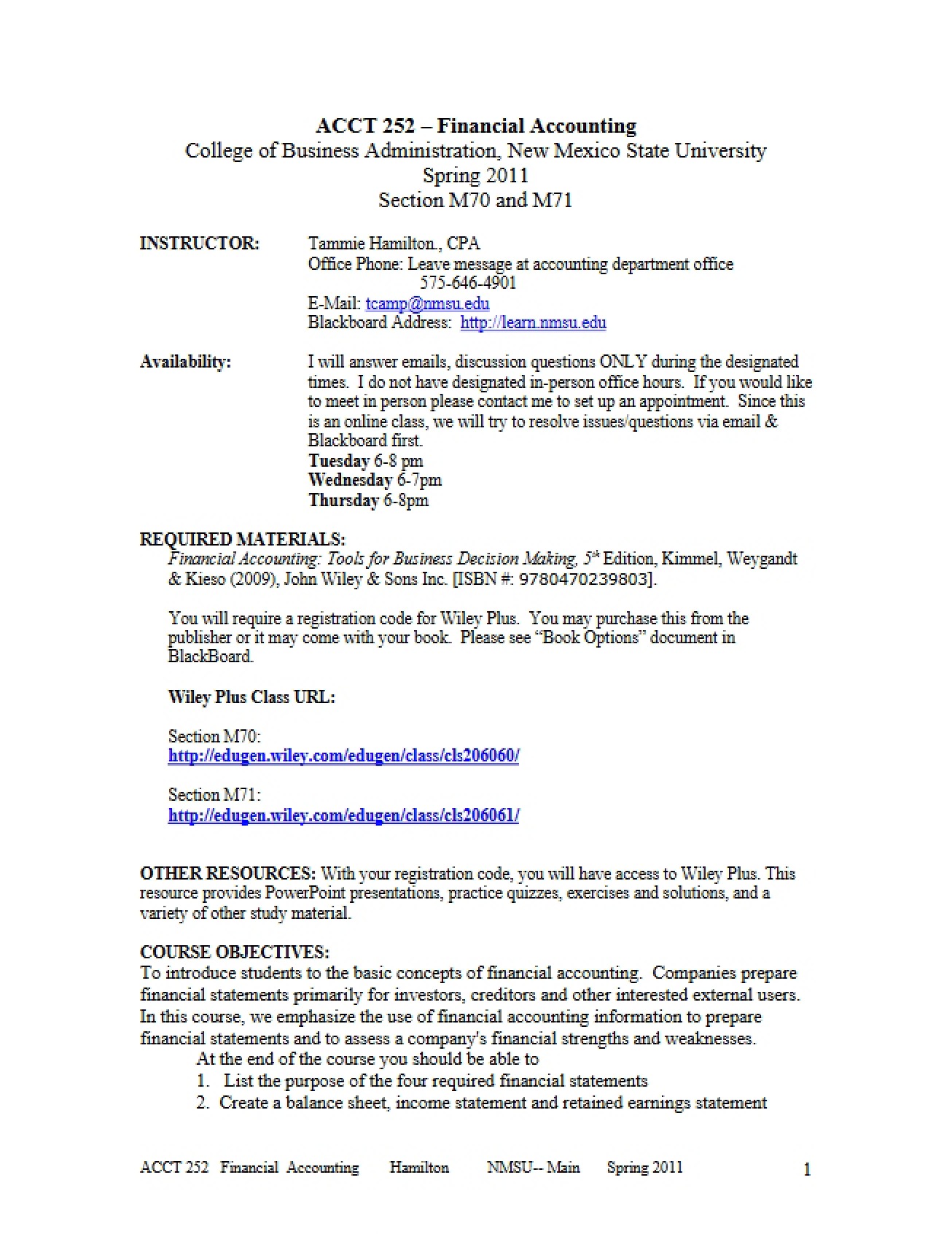Financial Accounting Syllabus - Spring 2011 - Tammie Hamilton