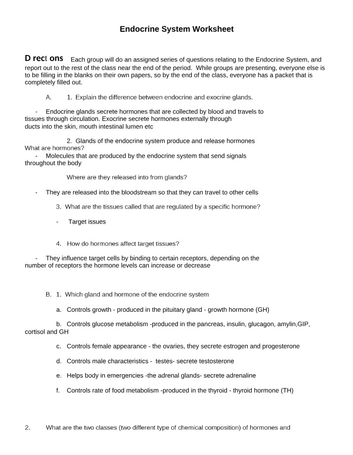 Worksheet for the Endocrine System