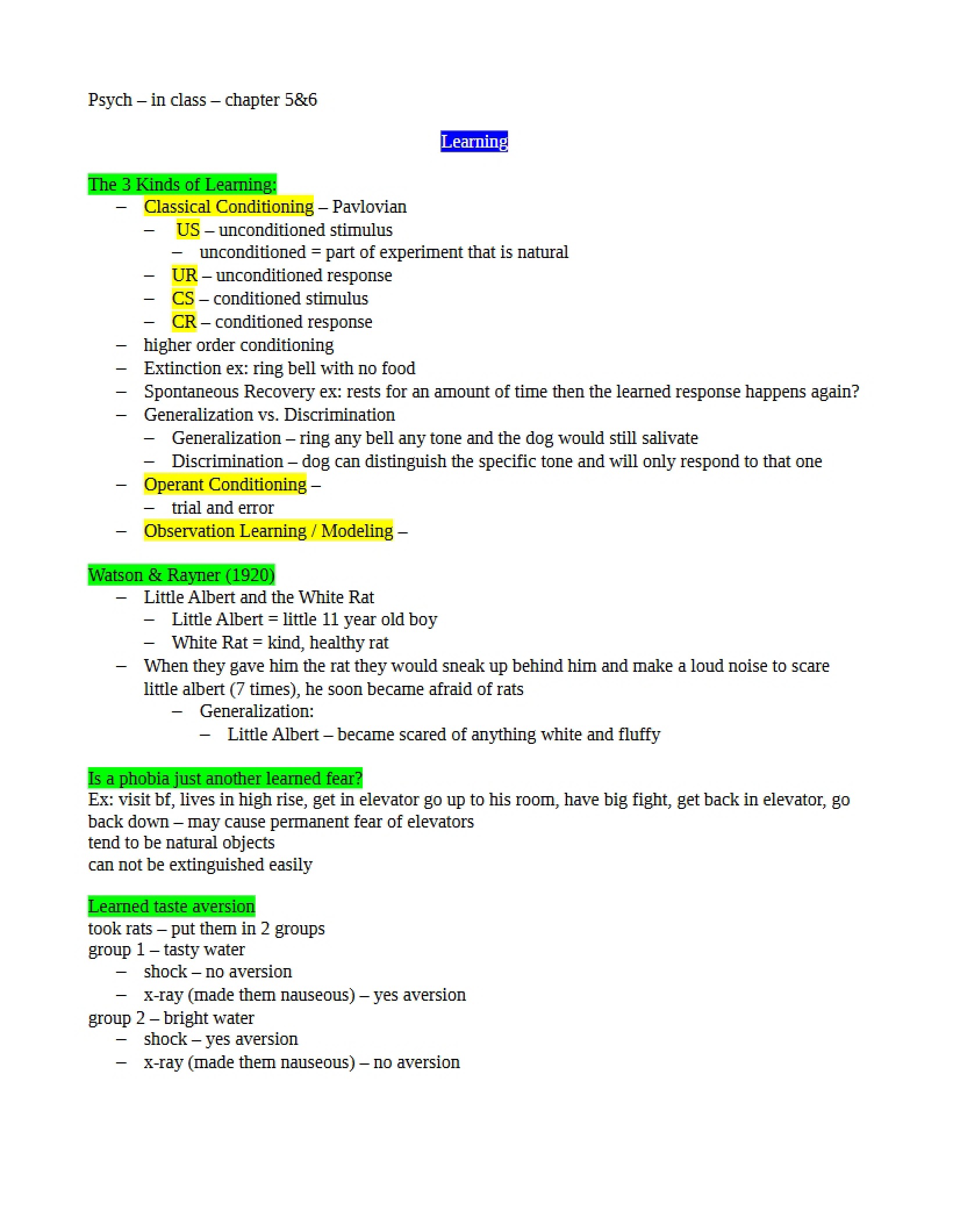 In-Class Psychology Notes Chapter 5
