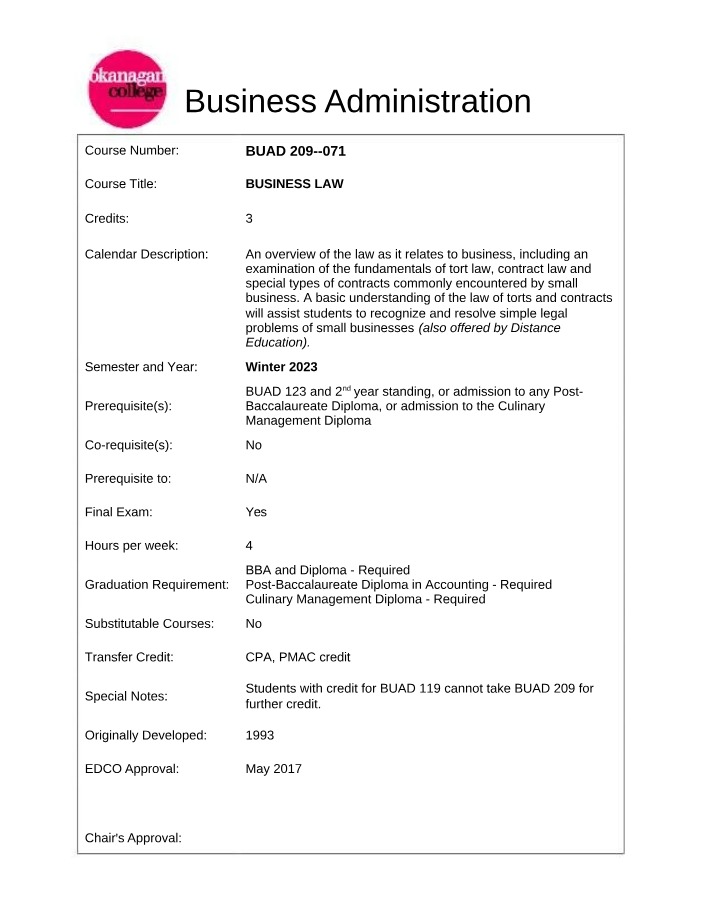 Winter 2023 Course Outline - BUAD 209-071