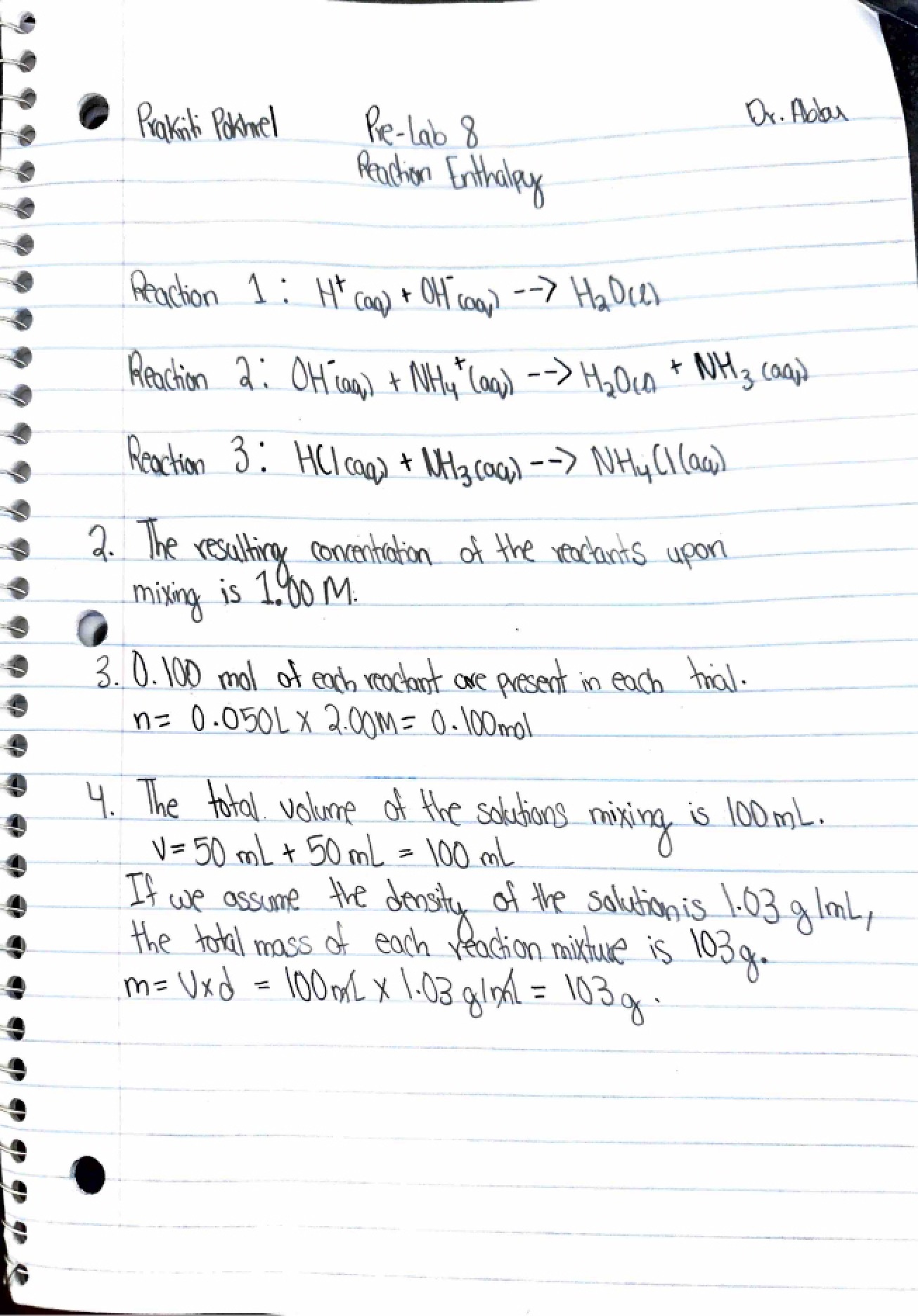 Eighth Pre-Lab An Introduction to Enthalpy