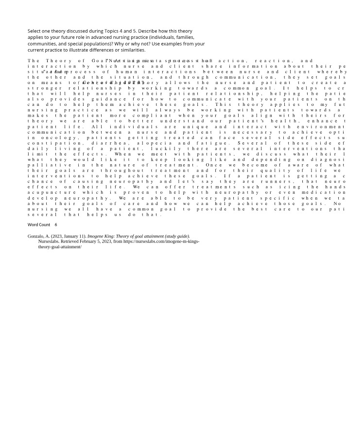 Theory of Goal Attainment in Advanced Nursing Practice