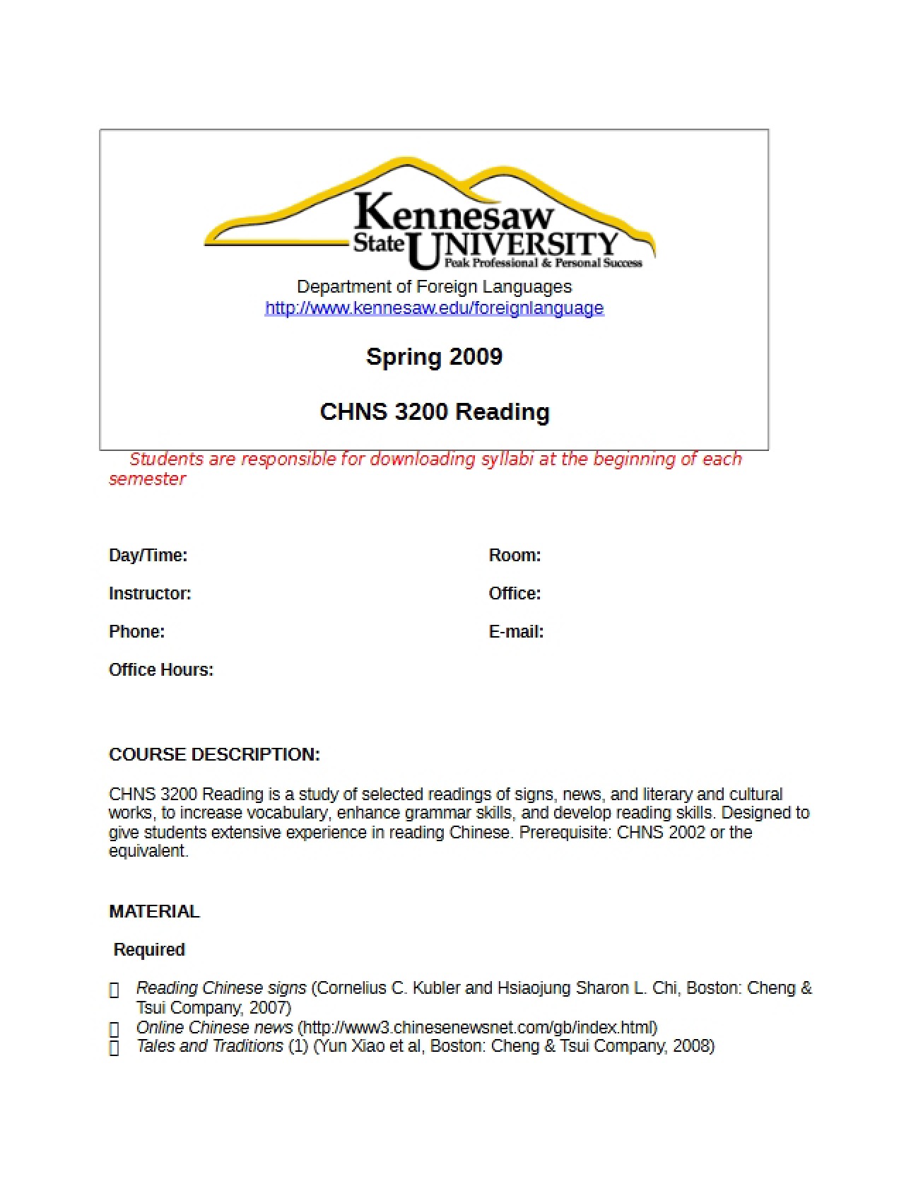 Syllabus for a Course on Chinese Reading (CHNS 3200)