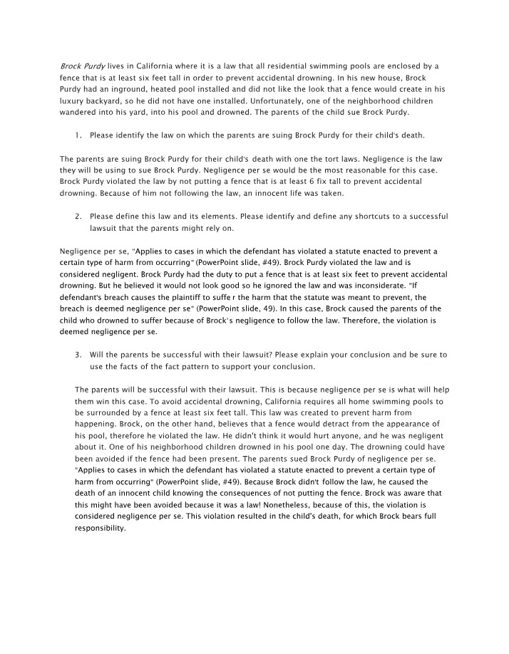 Negligence per se Lawsuit - Brock Purdy Pool Accident