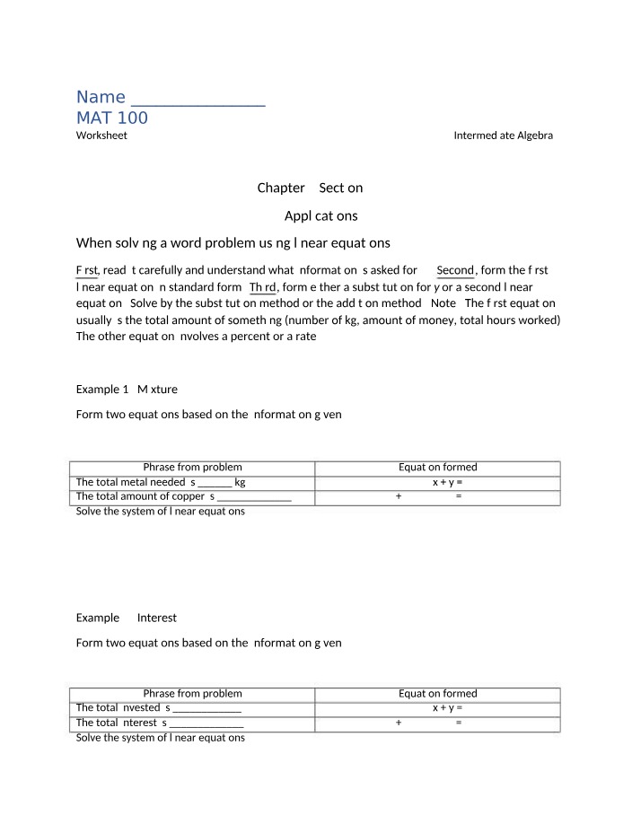 Worksheet 3.2 for MAT 100
