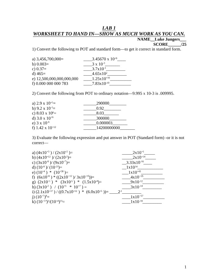 Worksheet on Powers of Ten