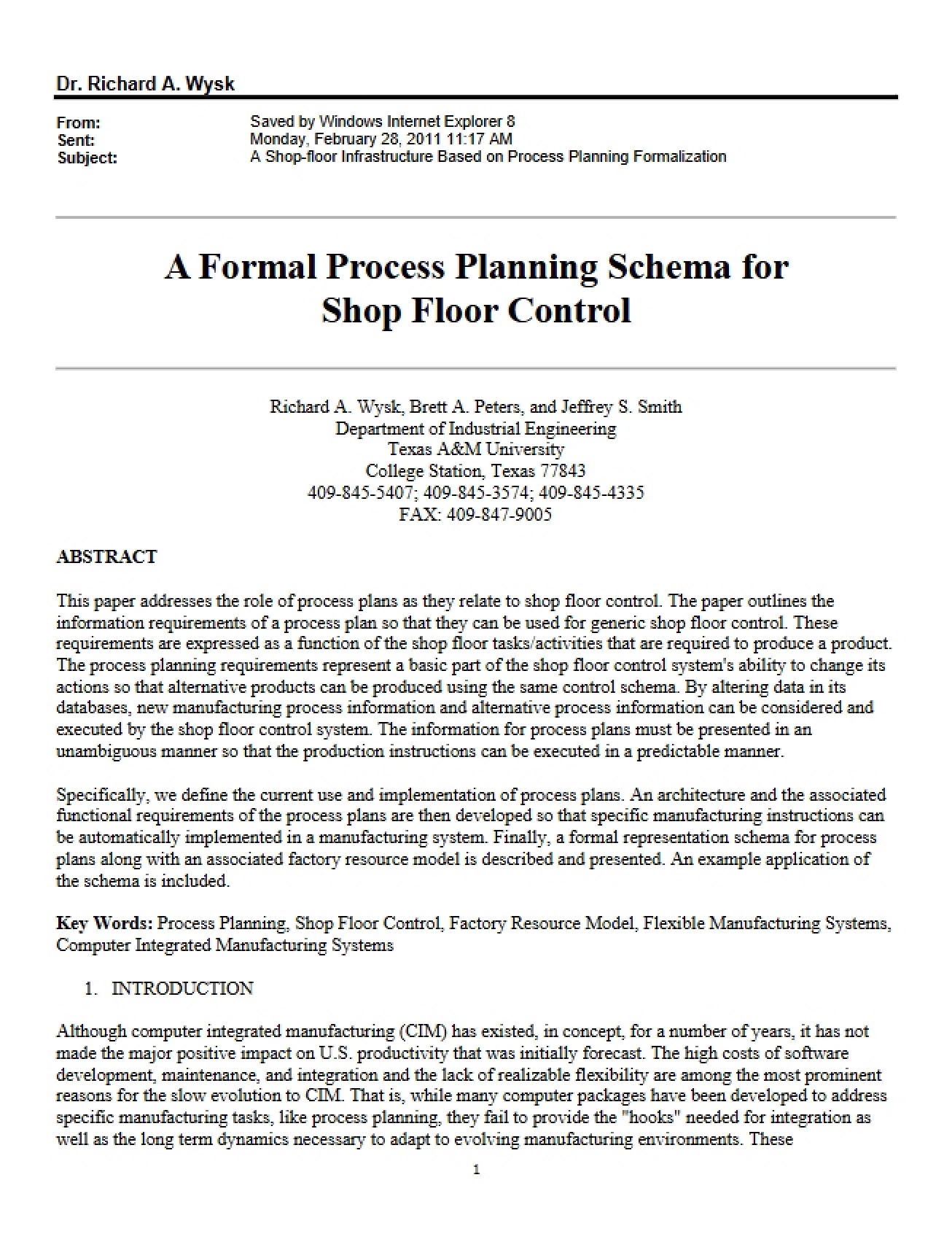 Shop Floor Control Process Planning Schema