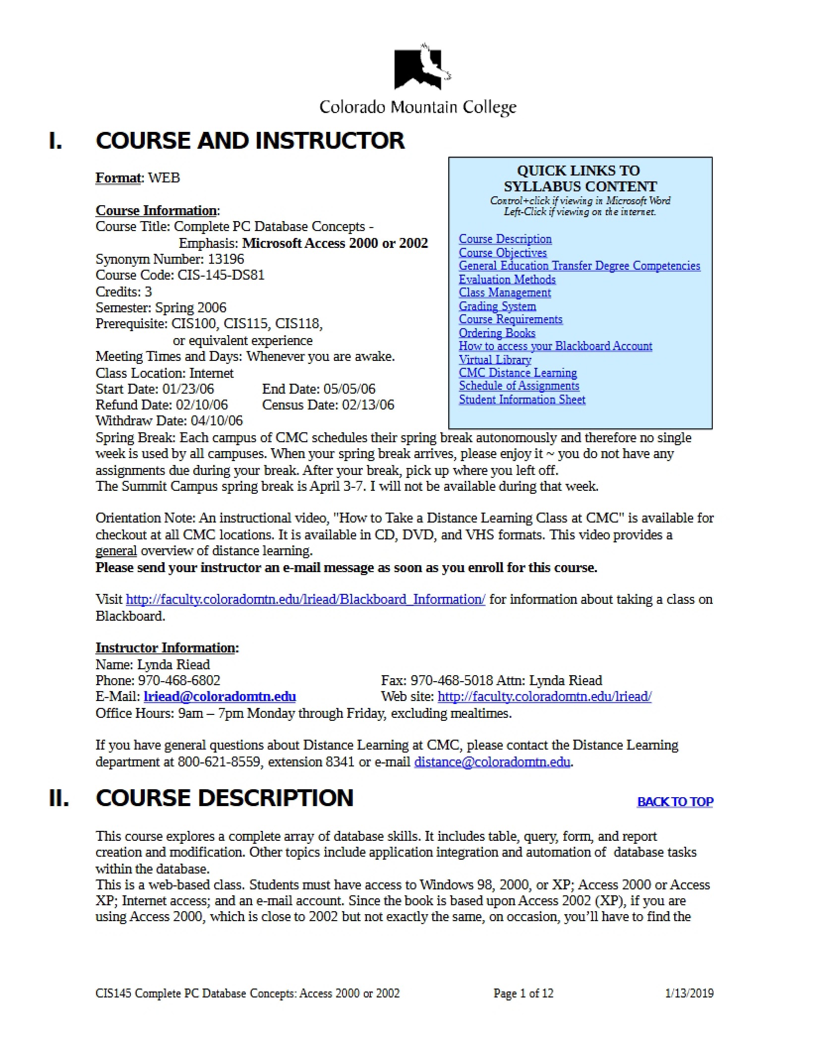 Database Class Syllabus