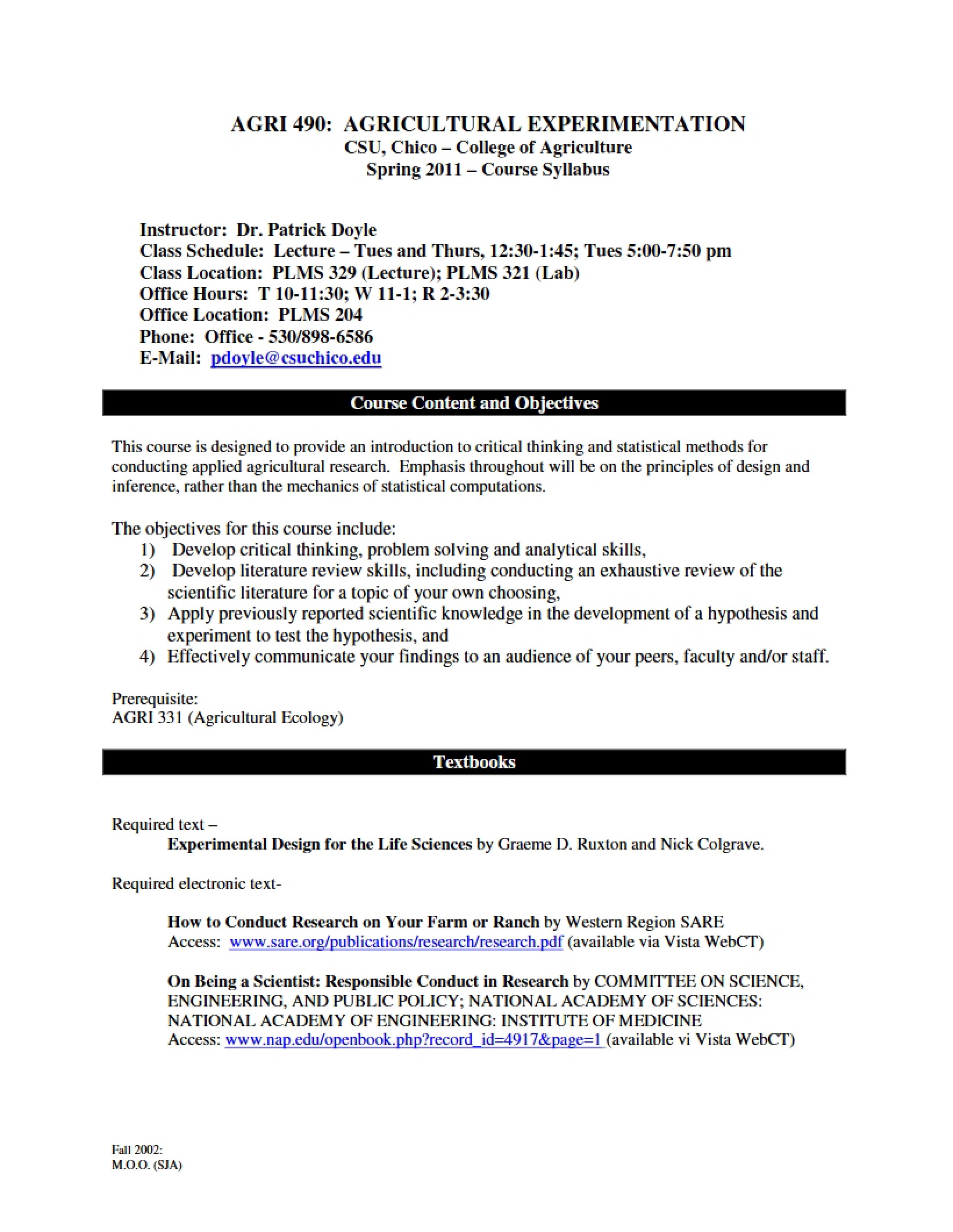 Syllabus Agricultural Experimental Research