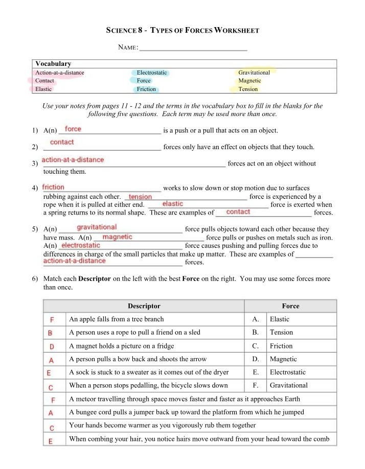 Worksheet on Types of Forces