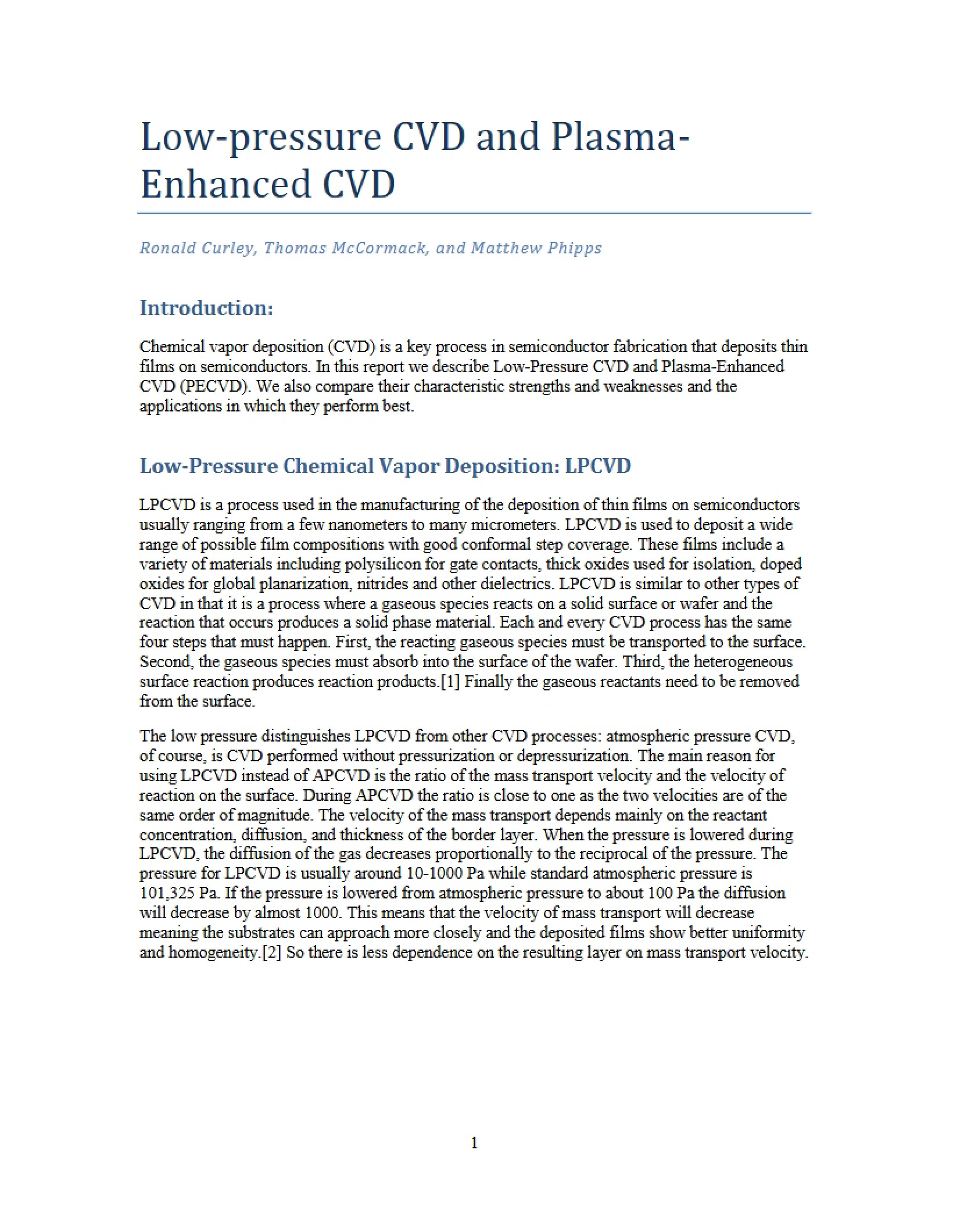 CVD Low-Pressure and Plasma-Enhanced