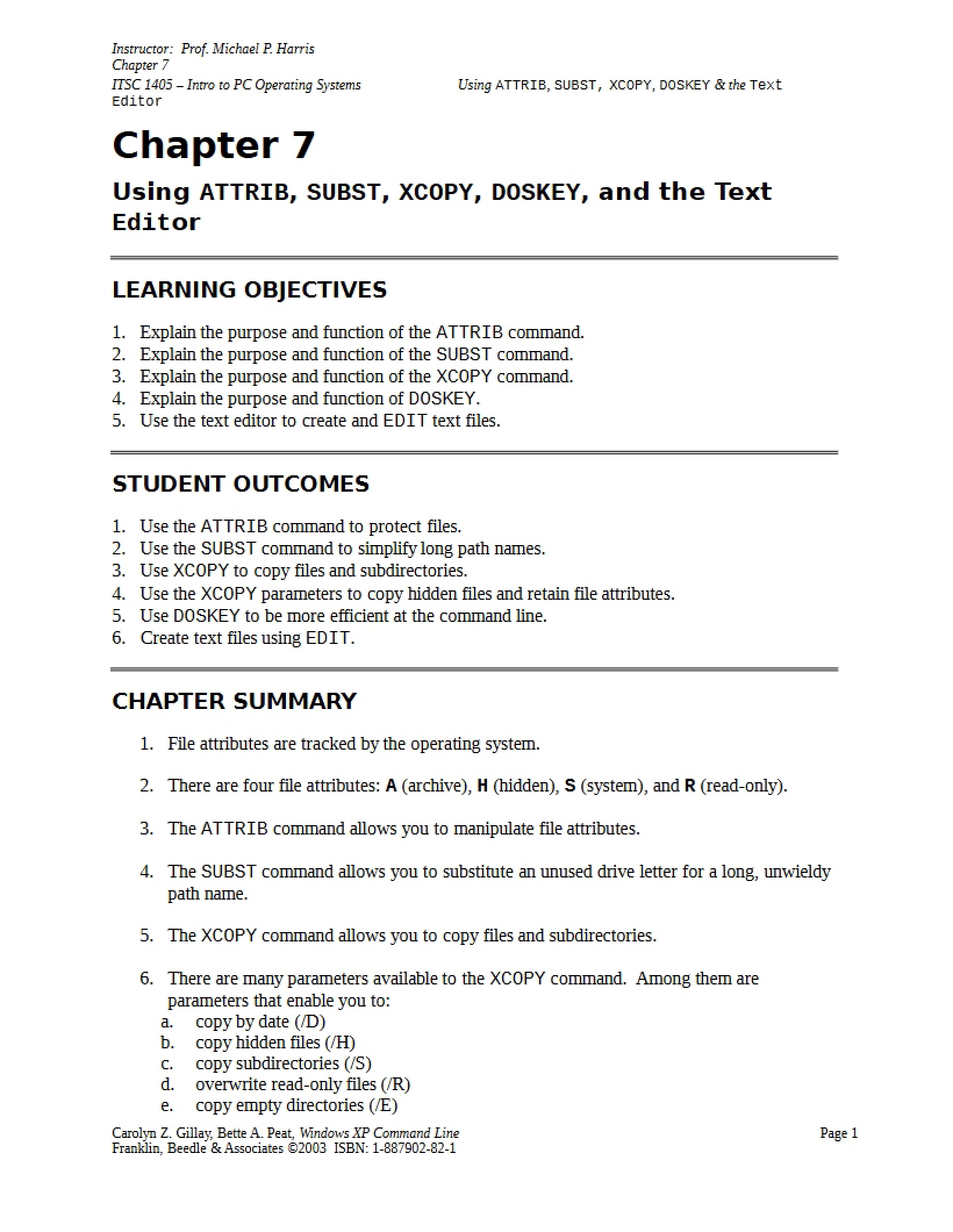 Text Editor, DOSKEY, XCOPY, SUBST, and ATTRIB Usage Chapter Seven