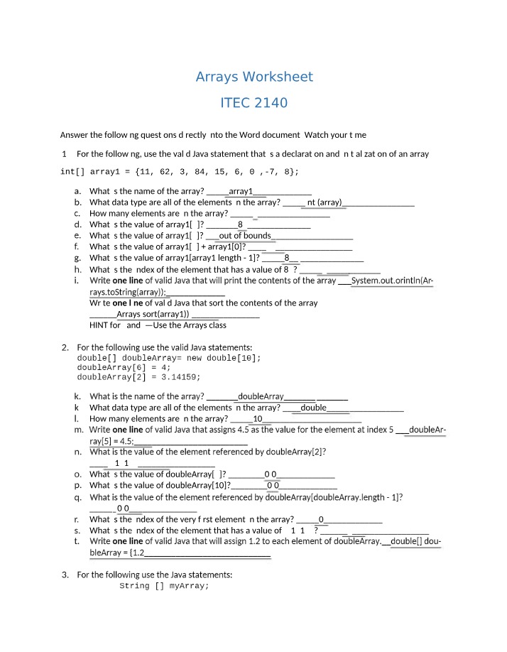 Worksheet on Arrays