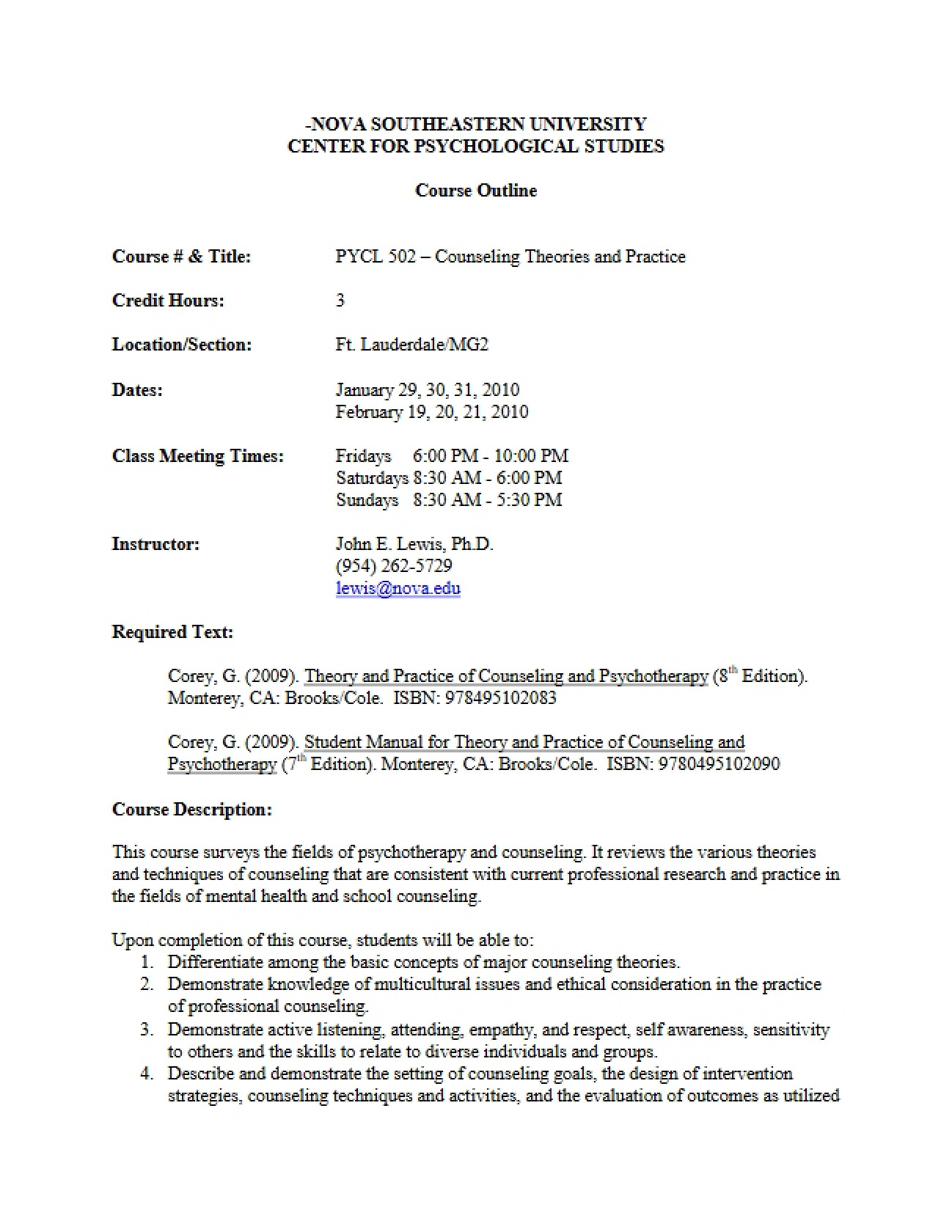 Class Plan: Counseling Theories and Practice
