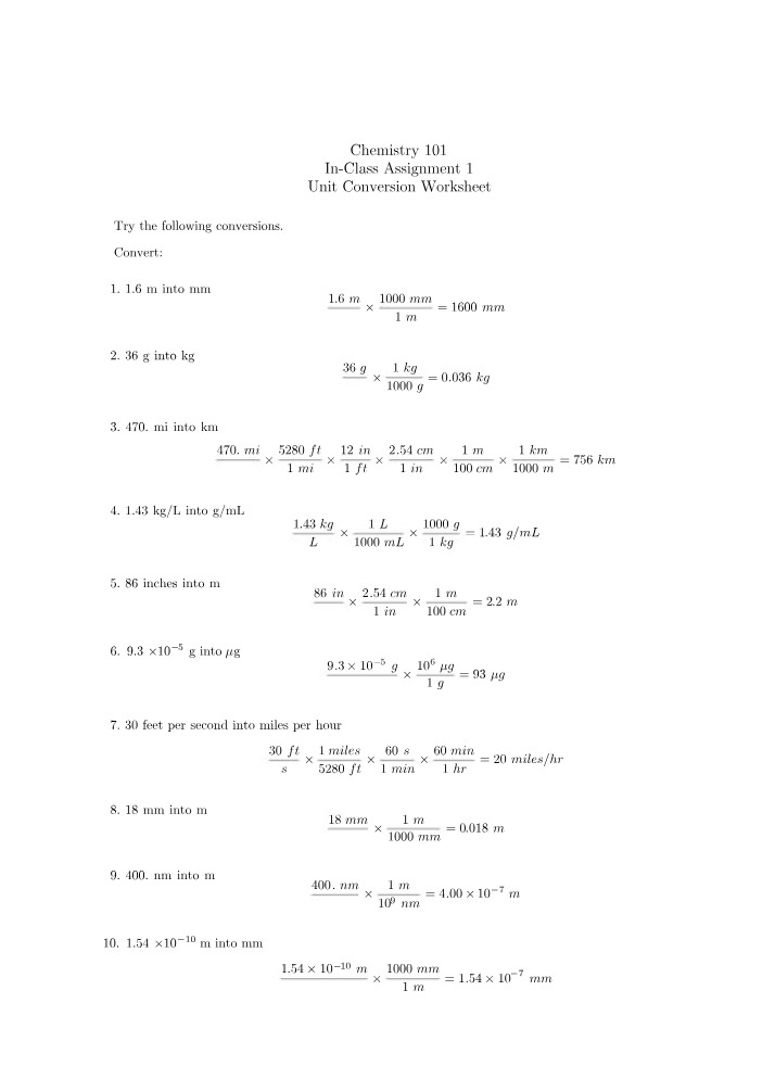 Worksheet for Unit Conversion