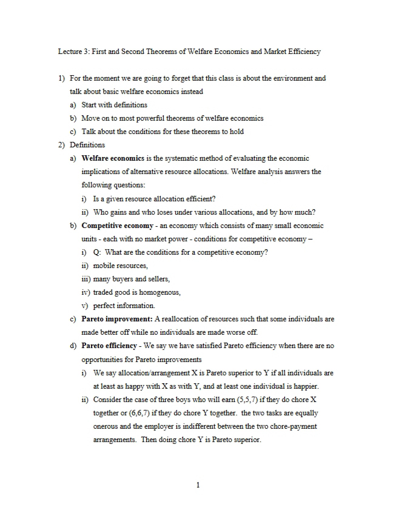 Market Efficiency and Welfare Economics Theorems (Lecture 3)