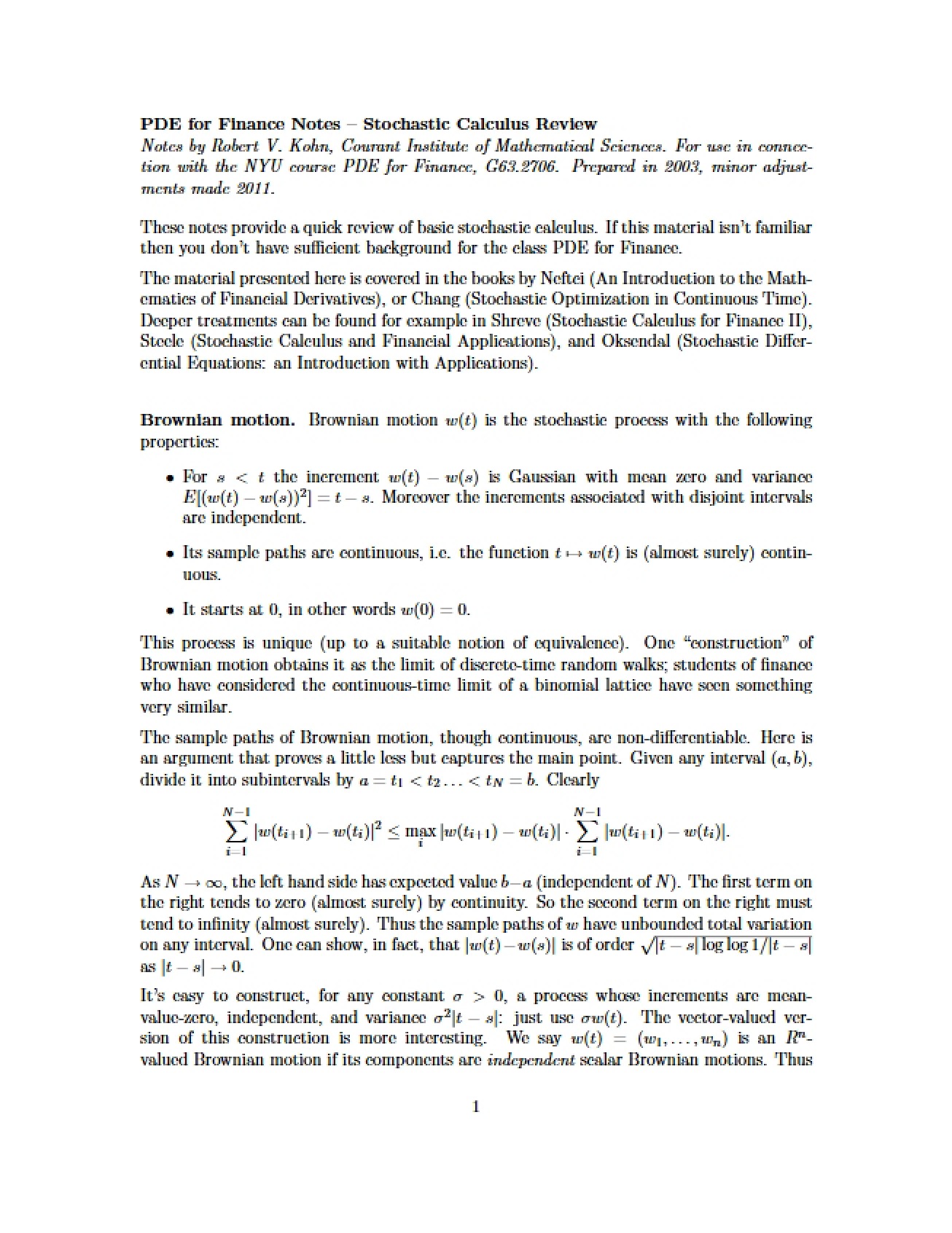 Review of Stochastic Calculus