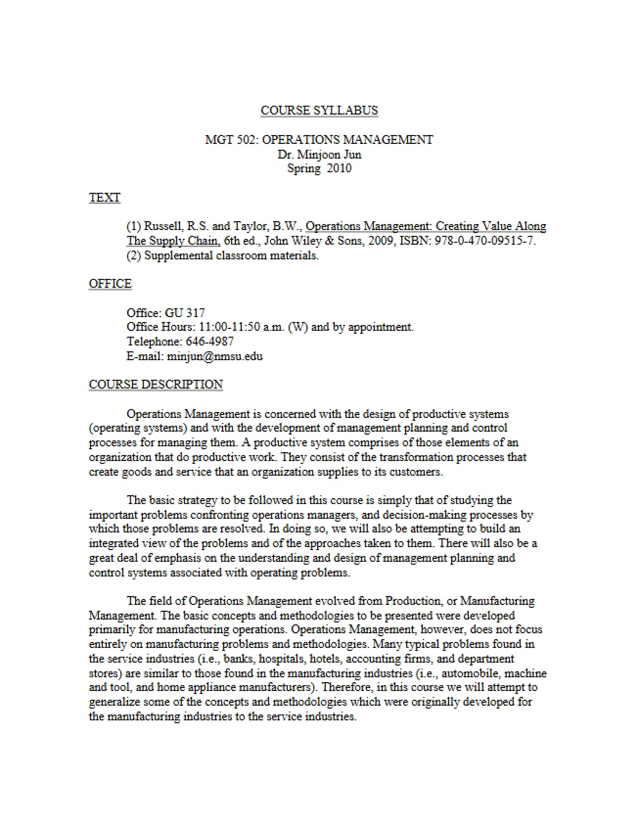 Operations Management Syllabus - Spring 2010 - Jun