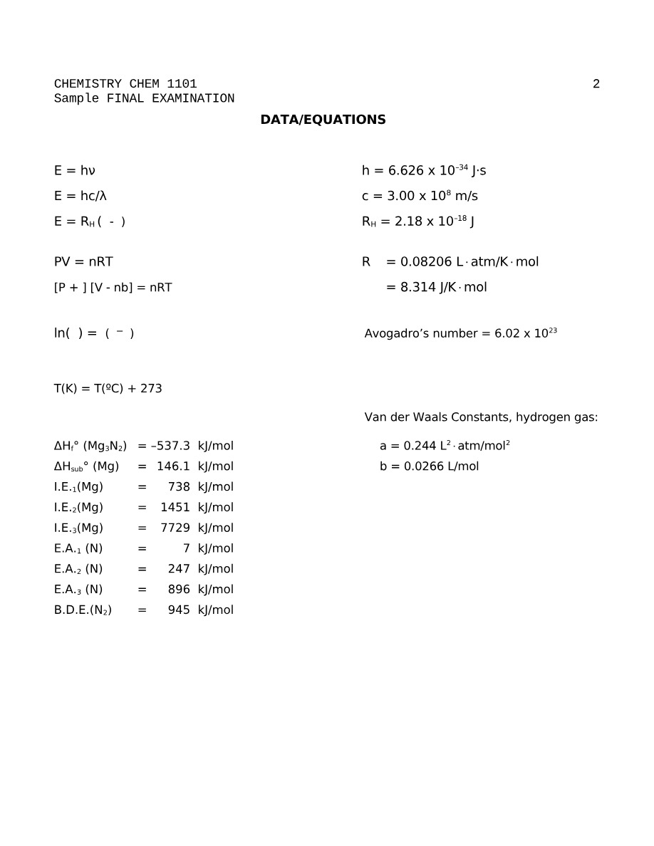Sample Final Exam for CHEM 1101